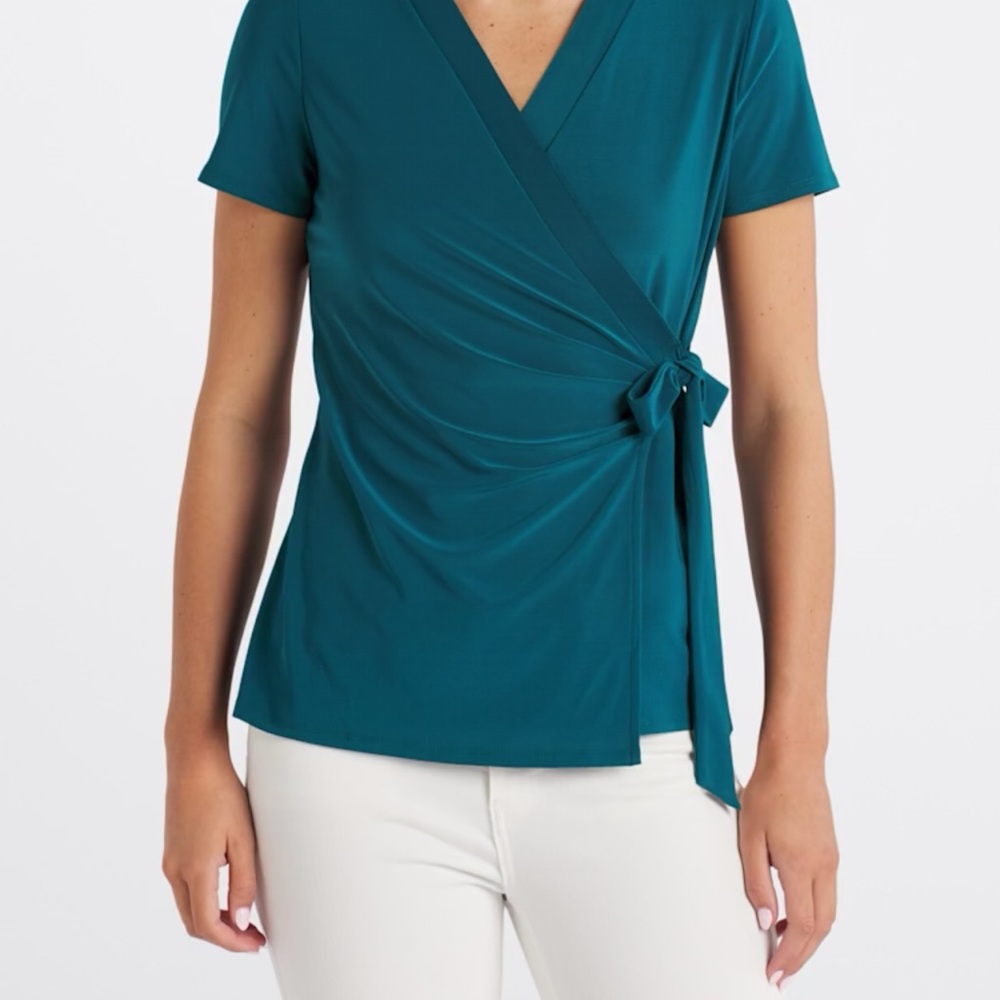 Gilli Teal Short Sleeve Wrap Blouse